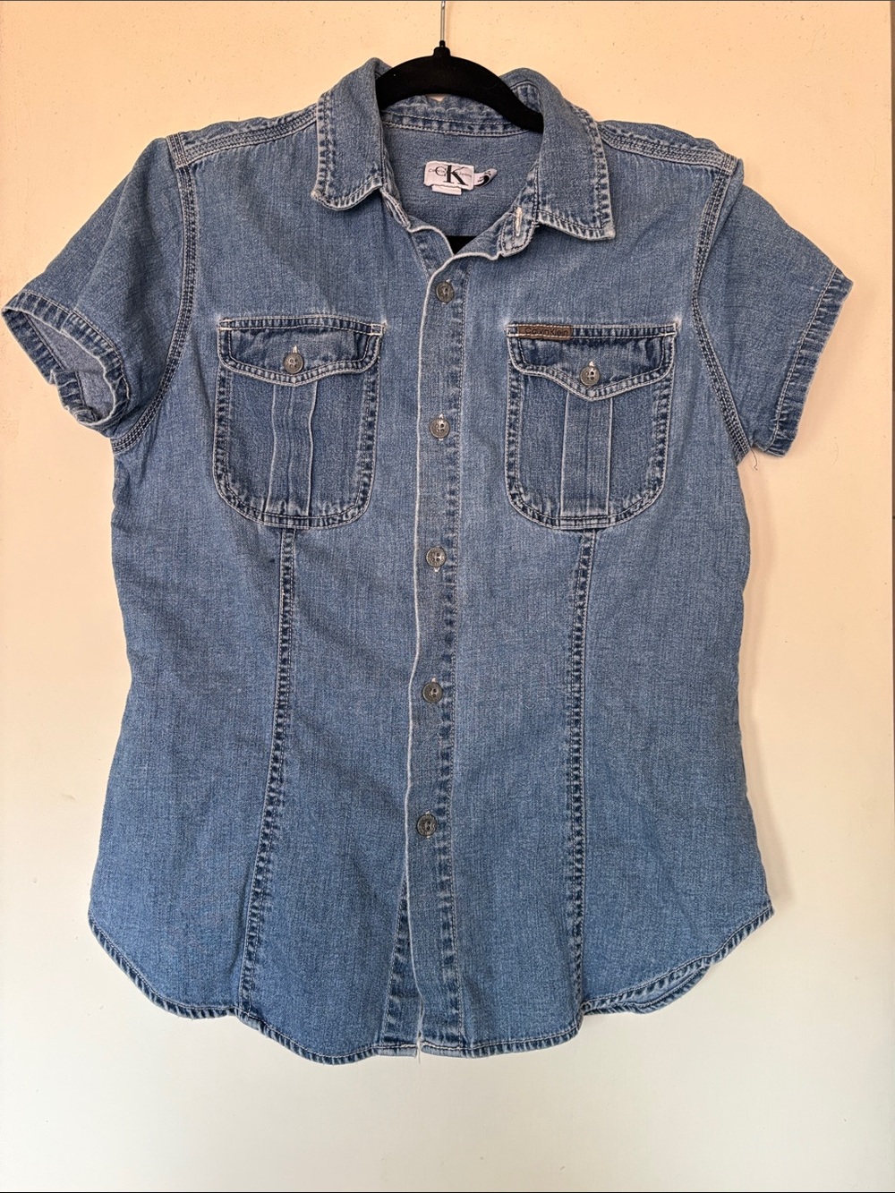Calvin Klein Women's Short Sleeve Denim Button Shirt - Blue